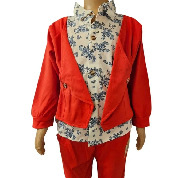 18-24M 2pcs Red Orange and White with Blue  Flower Faux Suit - Picture 10 of 11